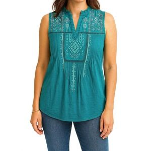Sundance Embroidered Sleeveless Blouse XS, Fits S/M Teal Boho Southwestern Artsy
